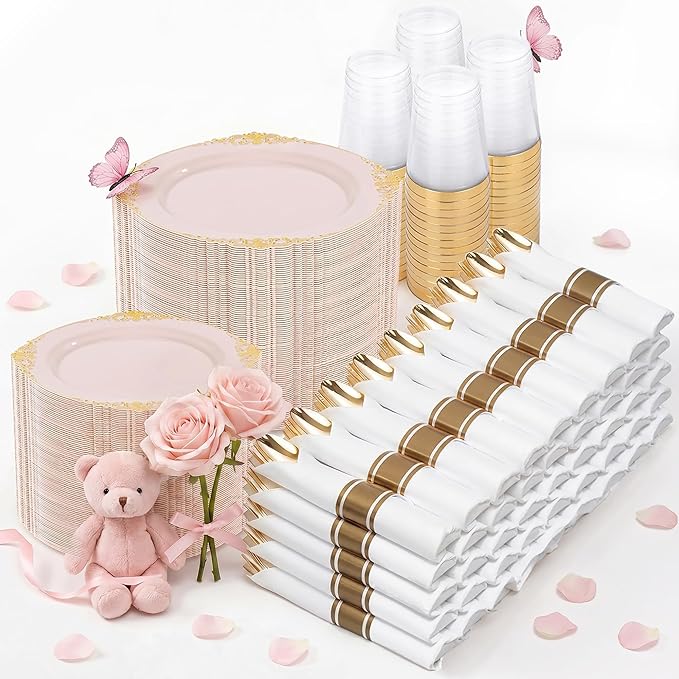 Nervure 700PCS Pink Gold Plastic Plates - Pink Plastic Dinnerware Sets for 100 Guests - 200 Disposable Plates, 300 Silverware, 100 Cups, 100 Napkins for Wedding, Party & Mothers Day