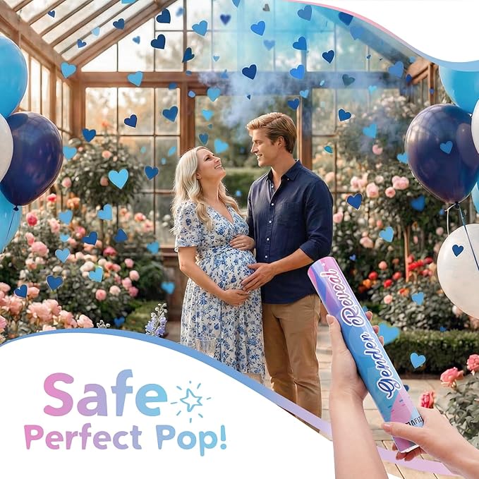 12Inches 4Pcs Gender Reveal Confetti Cannon - Biodegradable Powder & Heart Shaped Confetti Poppers - Blue, 4 Pack - Baby Boy Gender Reveal Smoke Bombs - Powder Cannon Party Poppers Blue Party Supplies