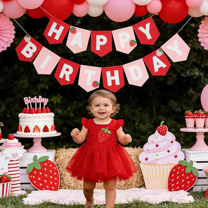 Felt Pink Red Happy Birthday Banner Birthday Decorations for Women Girls Boys Men Pets Handmade Party Backdrop