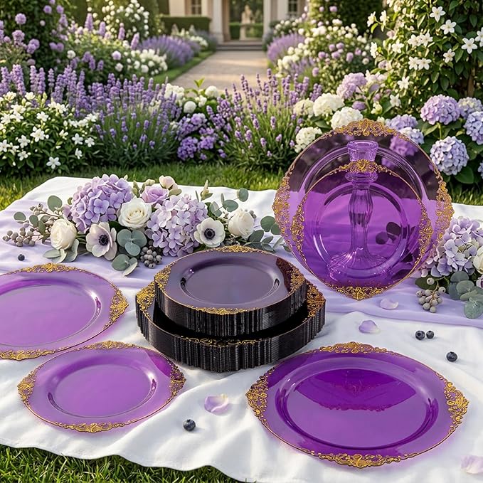 102PCS Purple and Gold Plastic Plates - High End Purple Disposable Plate - Vintage Dinner & Dessert Plates for 51 Guests Birthday Party Wedding