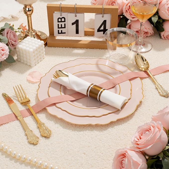 Liacere 350PCS Pink Plates Disposable-PinK Plates 50guest Baroque Plastic Dinnerware include 100Plates, 50Pack Pre Rolled Napkins with Silverware 50Cups Perfect for Wedding & Party & Baby shower