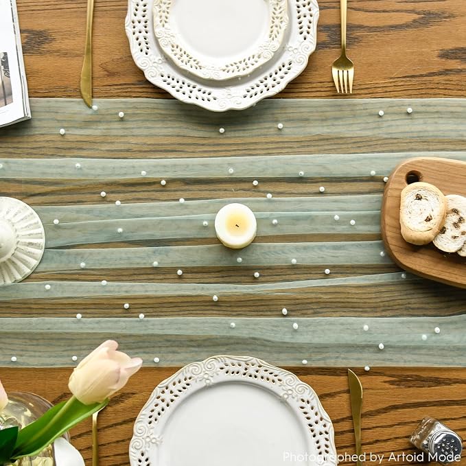 Artoid Mode 6PCS Pearl Grass Green Gauze Table Runner 120 Inch 10FT, Seasonal Sheer Dining Holiday Wedding Birthday Baby Shower Table Decor for Home Party