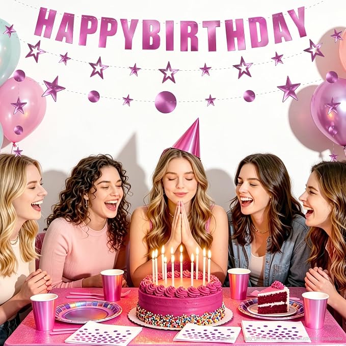 Pink Iridescent Party Supplies Holographic Birthday Decorations with Pink Paper Plates Napkins Cups Forks Tablecloth Birthday Banner & Star Garlands Kpop Disco Y2K Party Serve 24 (Iridescent Pink)