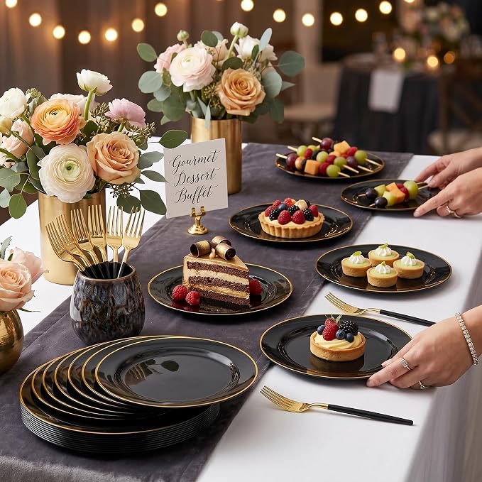 I00000 144Pcs Black and Gold Dessert Plate Set, Including 72Pcs Black and Gold Plastic Plates 7.5" and 72Pcs Disposable forks 8.5", Fancy Salad Plates with Gold Rim for Thanksgiving and Party