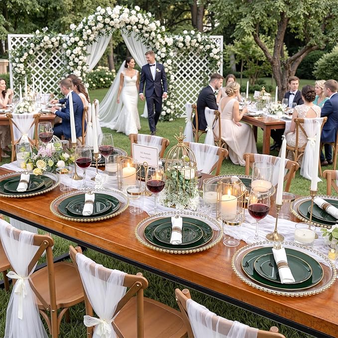 KIRE 350PCS Green Plates Disposable - Heavy Duty Green and Gold Plates - 50Guest Include Green Plastic Dinnerware - Pro Rolled Napkins with Gold Silverware and Cups for St. Patrick's Day&Party