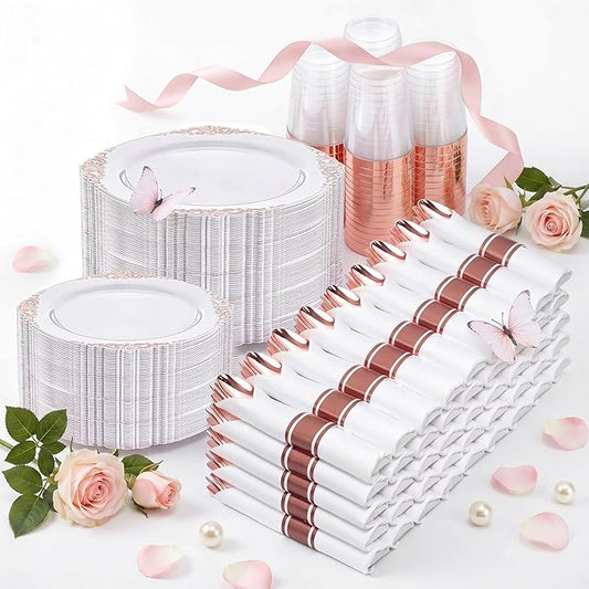 Nervure 700PCS Rose Gold Plastic Plates - Rose Gold Plastic Dinnerware Sets for 100 Guests - 200 White Disposable Plates, 300 Silverware, 100 Cups, 100 Napkins for Wedding & Party & Mothers Day