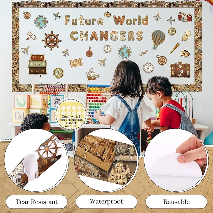 Kosiz World Map Bulletin Board Decoration Set 118 ft Scalloped Bulletin Board Borders Classroom Poster Border Trim with 257 Pcs Letter Number Symbol Cutout for School Decor