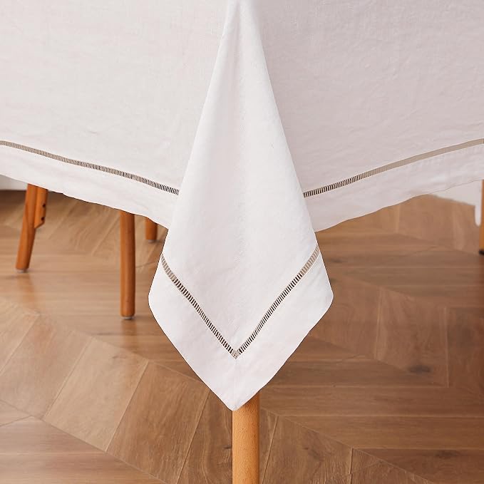 Linen World Hemstitch Linen Tablecloth,100% Natural French Flax,60x120Inch Handcrafted White-Natural Linen Table Cloth,Tabletop,Table Cloths for Kitchen,Dining,Daily Use(White-Natural)