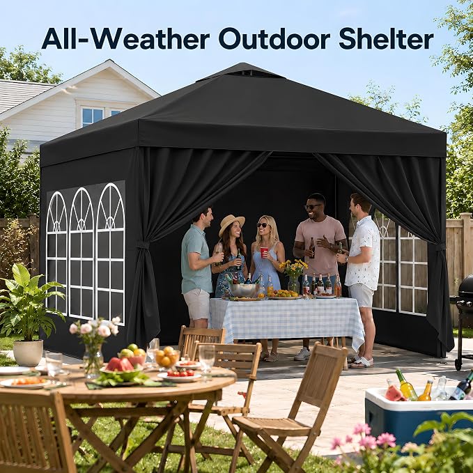10x10 Pop Up Canopy with Sidewalls- Portable Sun Shade Beach Tent, Gazebo Heavy Duty with Cover Wheeled Bag, Ideal for Parties, Backyard, Camping (Black)