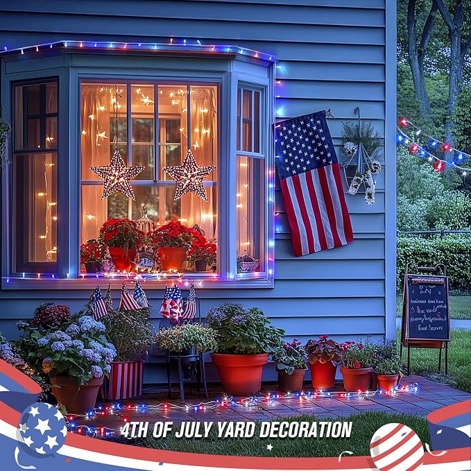 JMEXSUSS 400 LED Red White and Blue Lights Outdoor, 132FT 4th of July Lights Indoor, 8 Modes Patriotic String Light for Memorial Day Independence Day Decoration
