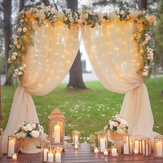 30x10ft Champagne Tulle Backdrop Curtain with Lights String for Parites, Sheer Backdrop Curtains for Wedding Baby Shower Birthday Party Photo Shoot Decorations
