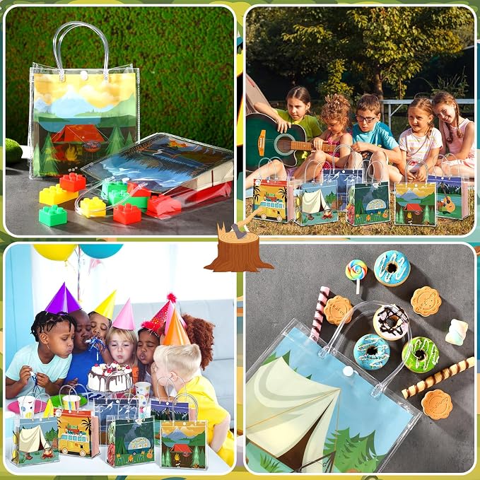 Teenyyou 24 Pcs Camping Theme Clear Gift Bags with Handles Outdoor Adventure Transparent Tote Bags Reusable PVC Gift Container for Camping Theme Party, Bridal Shower, Birthday Party Favors