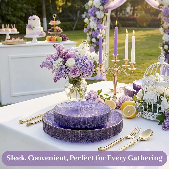 DaYammi 60Pcs Purple Plastic Plates with Gold Rimmed - Purple Disposable Plates Set Including 30pcs Dinner Plates,30pcs Dessert Plates with Radial Texture for Party & Wedding Bridal Shower