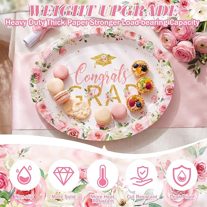 Pajean 350 Pcs Class of 2026 Floral Graduation Party Decorations 12 inch Disposable Pink Gold Floral Oval Plates Napkins Pink Heavy Duty Paper Tableware Set for 50 Guests Grad Party Supplies