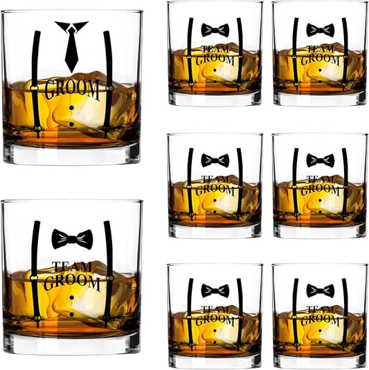 LADY&HOME Groom and Groomsmen Whiskey Glasses Set of 8,11oz Whiskey Rock Gift Glass for Bachelor Party Decorations Favors or Groomsmen Gifts(Team Groom)