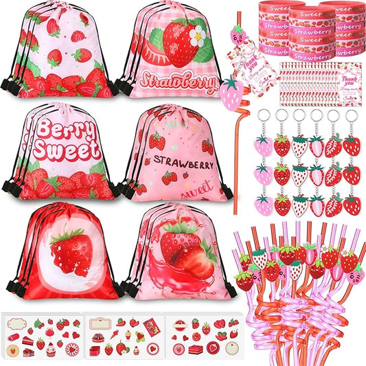 LemonRoad 109 Pcs Strawberry Party Favors Set Berry Birthday Supplies Includes Drawstring Bags Keychains Bracelets Stickers Straws Tags for Strawberry Theme Party