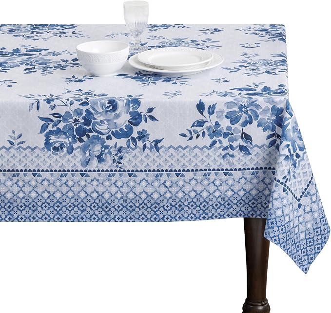 Maison d' Hermine Table Cloth Rectangle Table 100% Cotton 70 x 120 Inches Tablecloth Reusable Decorative for Dining Kitchen Room Farmhouse Party Home Hotel Restaurant Spring Summer- Rose Garden - Blue