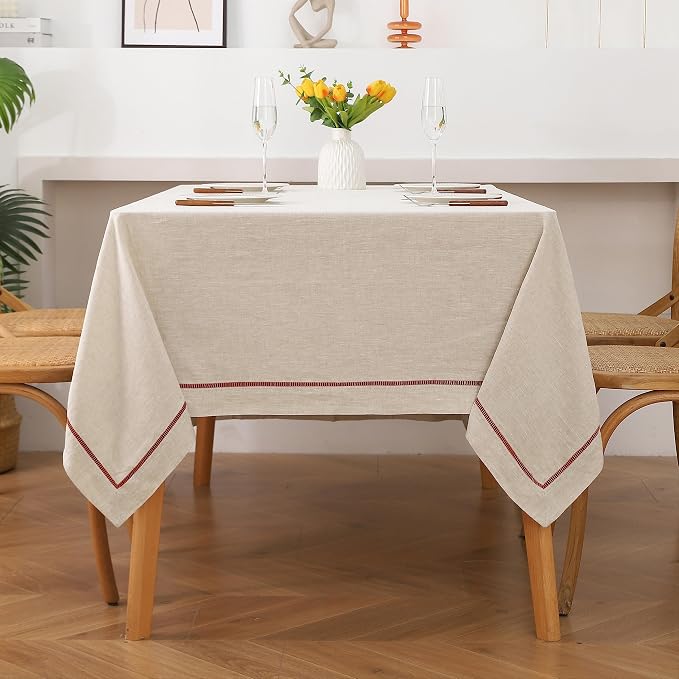 Linen World Hemstitch Linen Tablecloth,100% Natural French Flax,60x120Inch Handcrafted Natural-Rust Linen Table Cloth,Tabletop Decoration,Table Cloths for Kitchen,Dining,Daily Use