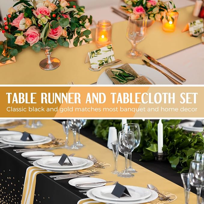 Tudomro 12 Pcs Black and Gold Disposable Plastic Tablecloths and Satin Table Runner Set 54x108 Inch Tablecloth 12x108 Inch Table Runners for New Year Wedding Birthday Baby Shower Graduation
