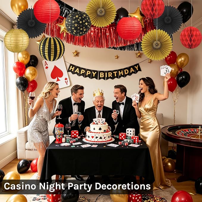 Red, Black & Gold Party Decorations for Birthday, Retirement, Graduation, Casino Night, Red Carpet, Hollywood Theme - Hanging Paper Lanterns, Fans & Streamers Set