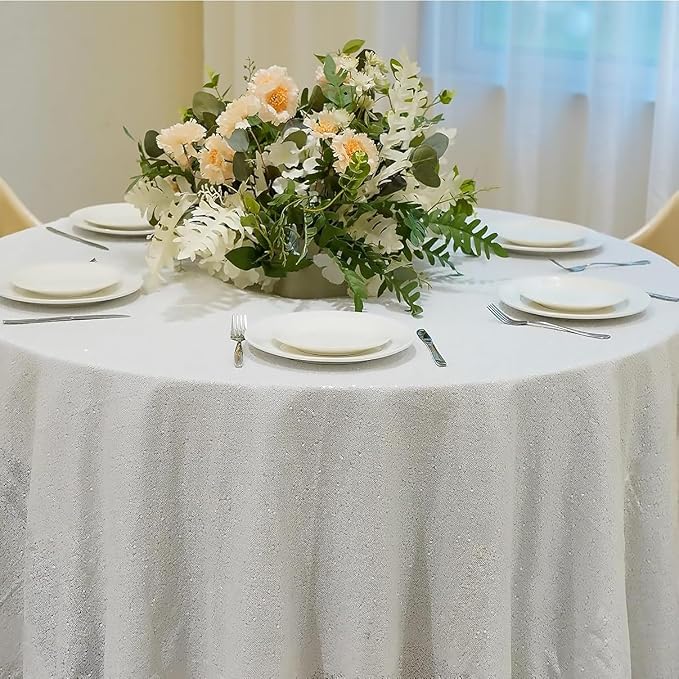 Sequin Tablecloth 132 inch Round Sparkly Table Cover Glitter Table Overlay for Party Dinner Festival Wedding Exhibition Dessert (White)