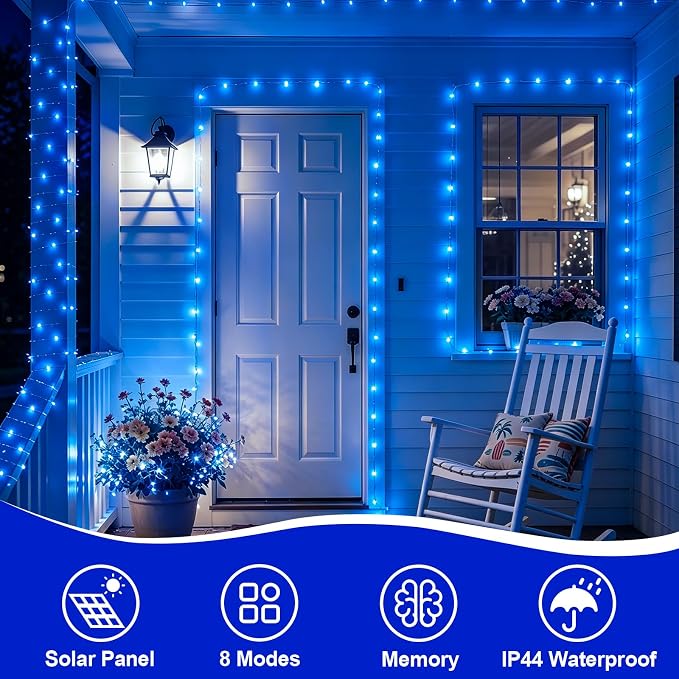YEGUO 4 Pack Blue Solar Fairy Lights, Each 33ft 100 LED Christmas Lights Outdoor Waterproof, 8 Modes Sliver Wire Solar String Lights