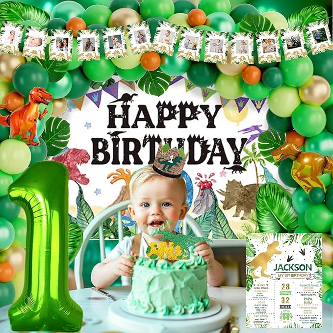 Hombae One a Saurus Birthday Decorations, Dinosaur 1st Party for One Year Old Boy Backdrop Balloon Garland Leaves Monthly Photo Highchair Banner Box Cutout Cake Topper Crown Poster 139 PCs