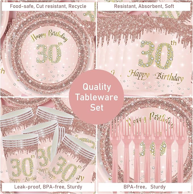 121Pcs 30th Birthday Party Supplies Plates Napkins Cups Forks Tablecloth Rose Gold Happy 30th Birthday Themed Disposable Tableware Decorations Serves 24 Guests for Women Her 30 Years