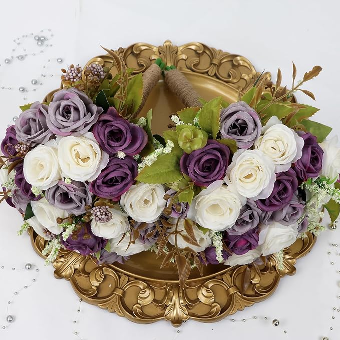 Set of 6 Bridesmaid Bouquets for Wedding - 7 Inch Artificial Ivory Flower Bouquet for Party Ceremony Anniversary Dinning Table Centerpieces Decor - Dusty Purple