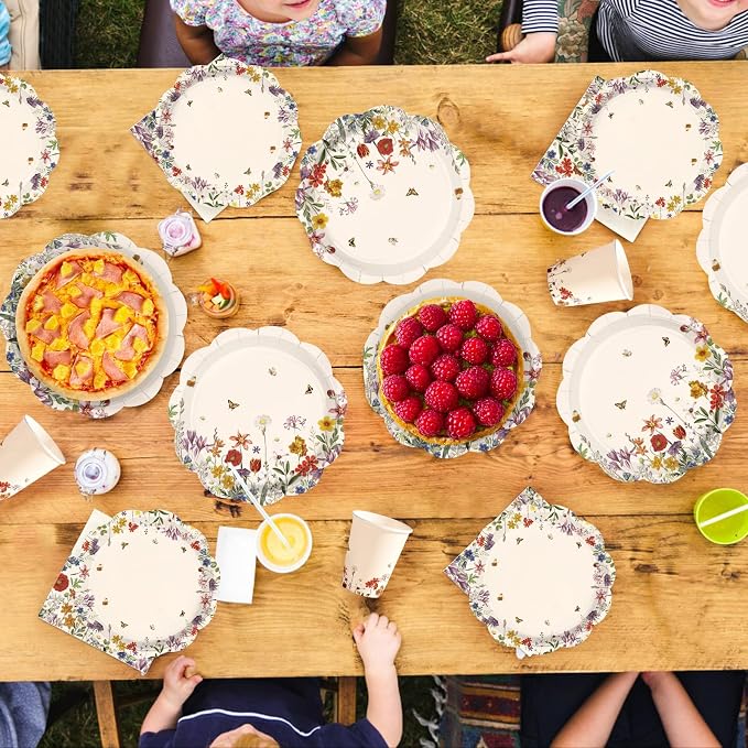 250Pcs Vintage Wildflower Party Supplies Retro Floral Scalloped Plates Napkins and Cups Butterfly Flower Tableware Set for Spring Summer Home Baby Shower Garden Party Decorations Serves 50