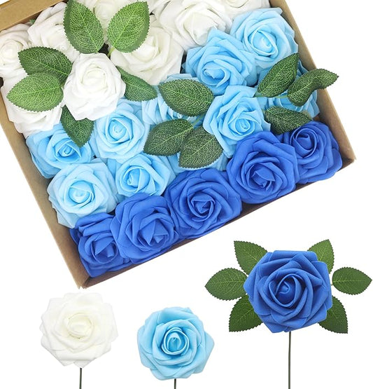 Artificial Flowers Realistic Shades of Blue Roses, Real Looking Fake Roses with Stem for DIY Wedding Bouquets Centerpieces Bridal Shower Party Home Romantic Decorations (Shades of Blue, 100pcs)