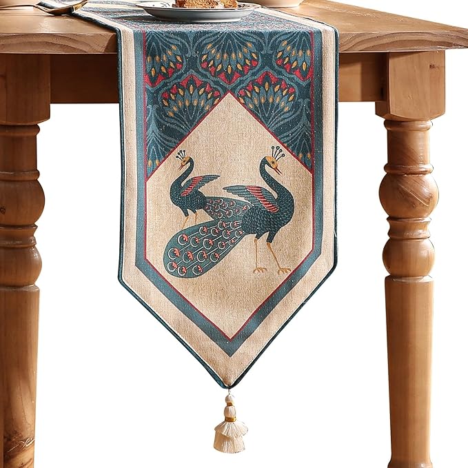 bilin gaier Vintage Blue Peacock Small Table Runner for Table,Decorative Linen 63 Inches Long Table Runners,Decor Tabletop for Kitchen,Dining,Tea Party,Home,Christmas,12"x63"