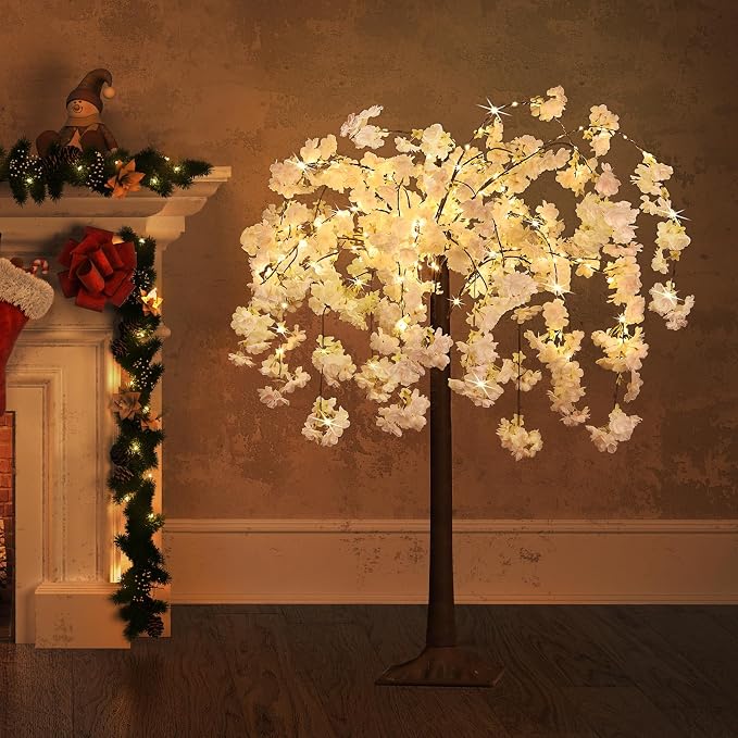 OUSHENG Lighted Cherry Blossom Tree LED Artificial Trees for Decoration Inside, Light up Fake Plant with Faux Flower for Home Wedding Party Festival Christmas Indoor Decor, Warm White, 4FT