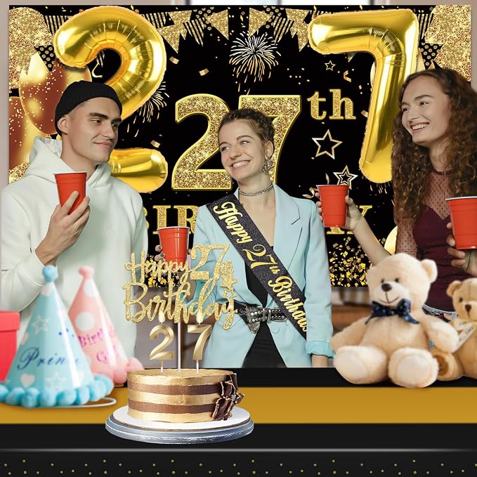 27th Birthday Decorations Men Women with 27th Birthday Banner, Black and Gold Table Cloth, Number Balloons, Large Sash, Cake Topper and Candles