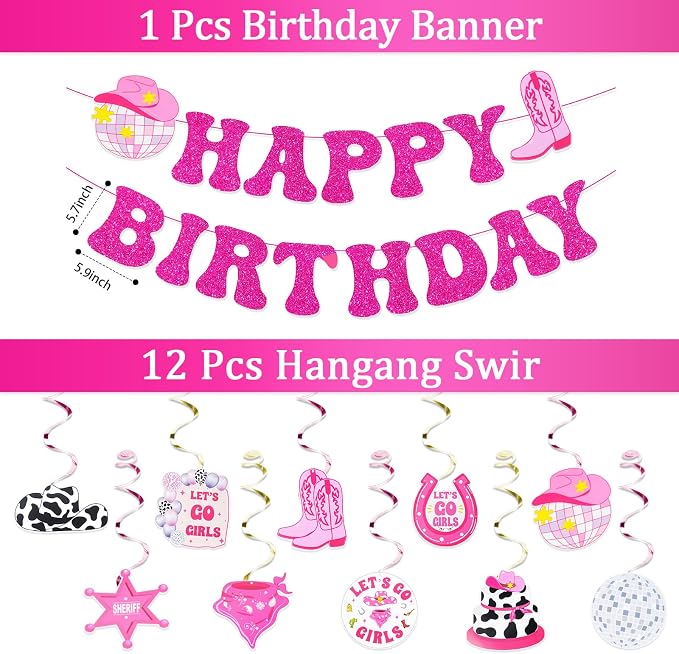 Cowgirl Birthday Party Decorations, Disco Cowgirl Party Supplies with Happy Birthday Banner, Hangang Swir, Latex Balloons, Cake & Cupcake Toppers, Tablecloth for Girls birthday Decor