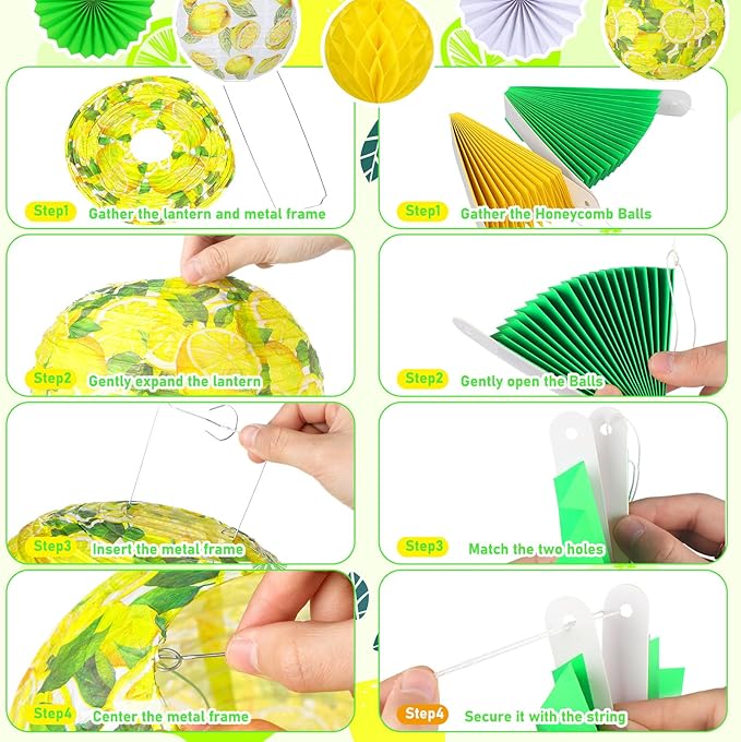 Retisee 18 Pcs Lemon Party Decorations Kit Yellow Paper Lanterns Hanging Decoration Paper Fans Hanging Honeycomb Ball for Lemon Theme Party Supplies Wedding Baby Shower Decor