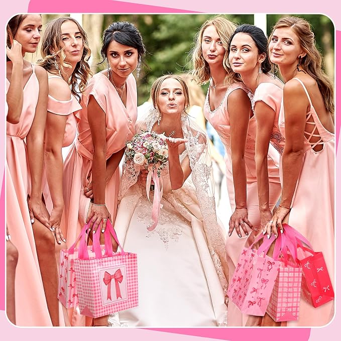 Sweetude 40 Pcs Pink Bow Gift Party Favor Bags with Handle, Non Woven Goodie Bags Birthday Favor for Birthday Baby Shower Packaging Supplies