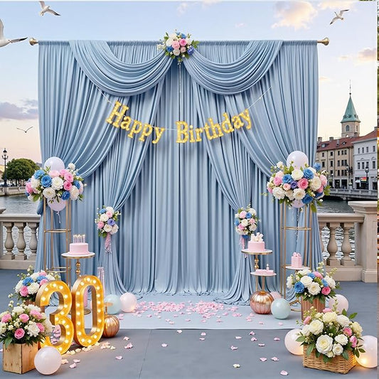 40ft x 10ft Dusty Blue Backdrop Drapes for Parties, 8 Panels Wrinkle-Free Polyester Background Curtains for Wedding, Birthday, Baby Shower Decorations