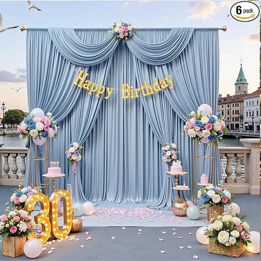 30ft x 10ft Dusty Blue Backdrop Drapes for Parties, 6 Panels Wrinkle-Free Polyester Background Curtains for Wedding, Birthday, Baby Shower Decorations