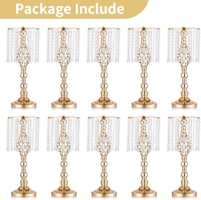 10 Pcs 19.3 inches Tall Crystal Flower Stand Wedding Road Lead Tall Flower Holders Centerpiece Crystal Flower Chandelier Metal Flower Vase for Reception Tables Wedding Supplies