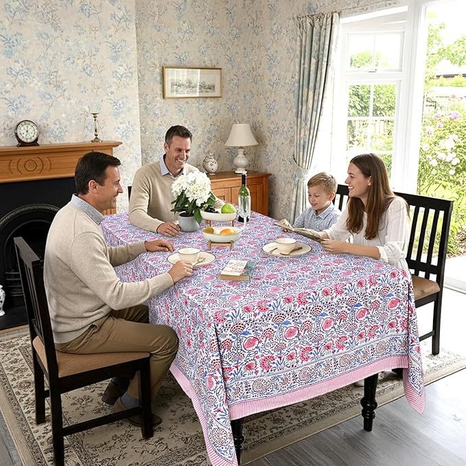 Ridhi Hand Block Print Pigeon Blue Flamingo Pink Rectangle Cotton Tablecloth 140" x 72" Reusable Table Cover Decorative Everyday Use for Dining, Farmhouse, Home Gift for Spring, Easter, Valentine