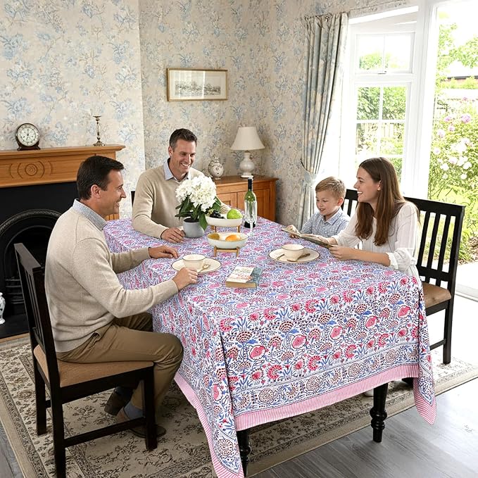 Ridhi Hand Block Print Pigeon Blue Flamingo Pink Rectangle Cotton Tablecloth 190" x 72" Reusable Table Cover Decorative Everyday Use for Dining, Farmhouse, Home Gift for Spring, Easter, Valentine