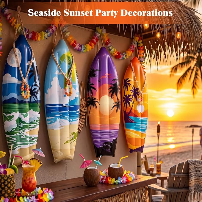 JellyArch 4 Pcs Summer Inflatable Surf Board 36 Inch Inflatable Luau Hawaiian Pool Party Decorations Beach Sunset Blow up Palm Tree Tropical Surfboard for Wall Beach Party Birthday Decoration