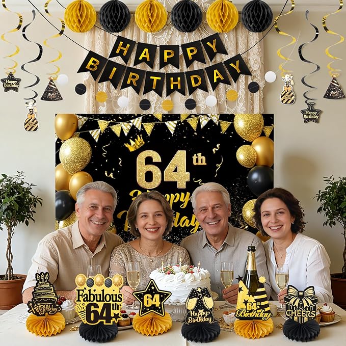 Happy Birthday Party Decoration Set: Including Birthday Banner Backdrop, Party Table Centerpieces and Hanging Swirl Party Streamers, Birthday Decor for Men and Women (Gold/Black, 64th Birthday)