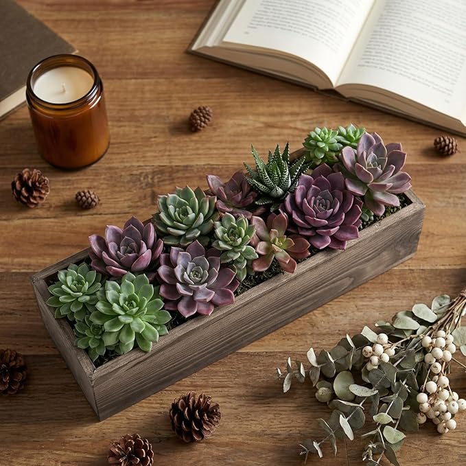 Dandat 4 Set Wood Boxes for Centerpieces 12x4 Inch Rectangle Wooden Planter Box Rustic Wooden Planters with Removable Plastic Liner Floral Foam Blocks for Christmas Wedding Home Garden Decor(Brown)