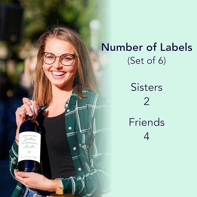 FAMILY & FRIENDS Pregnancy Announcement Wine Labels ● SET of 6 ● 2 Best SISTERS + 4 Best FRIENDS Get Promoted to AUNTIE Label, Baby Reveal Card alternative, Waterproof (Minimalist)