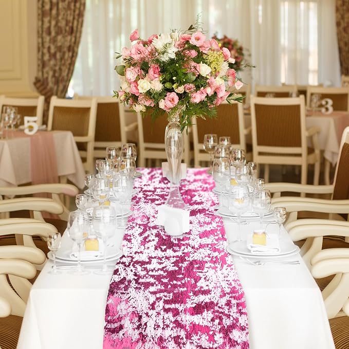 Aneco 12 Pieces Metallic Glitter Table Runner 84 x 11 Inches Hot Pink Glitter Mesh Table Runners Sparkle Rectangle Runner Roll Decorations for Wedding Baby Shower Birthday, DIY Home Decor