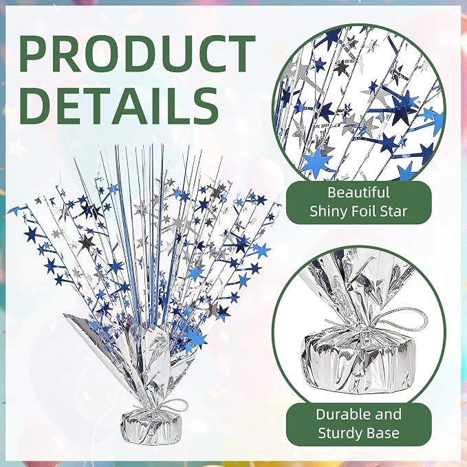 20 Pack Blue Silver Foil Spray Centerpiece Star Table Decoration Metallic Burst Table Centerpieces for Birthday Graduation New Year Wedding Anniversary Party Supply (Blue Silver)