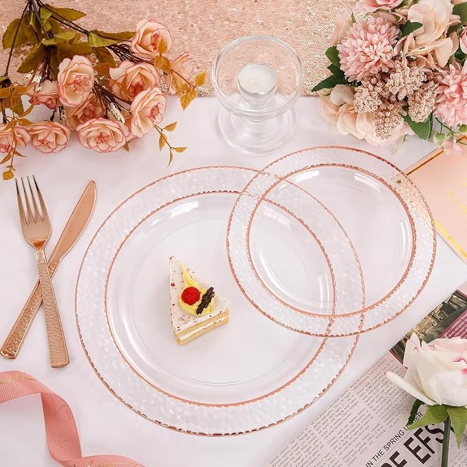 Liacere 350PCS Rose Gold Plastic Plates-Clear Rose Disposable Plates 50 Guests include 50 Dinner Plates,50 Salad Plates,50 Forks,50 Knives,50 Spoons,50 Cups,50 Napkins for Wedding & Party