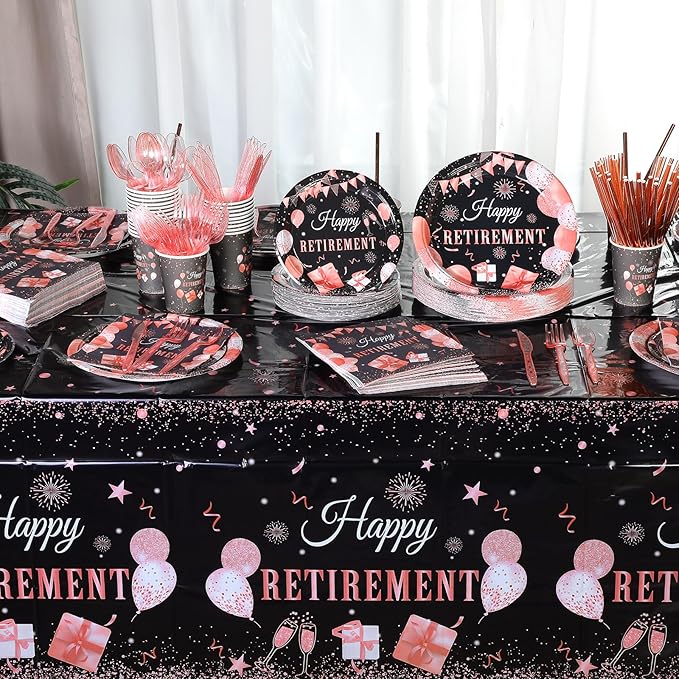 Funnymoom 452 Pcs Retirement Party Decorations Supplies Set Include Rose Gold Retirement Paper Plates Napkins Cups Tablecloth Cutlery Straws for Men Women Say Goodbye Party